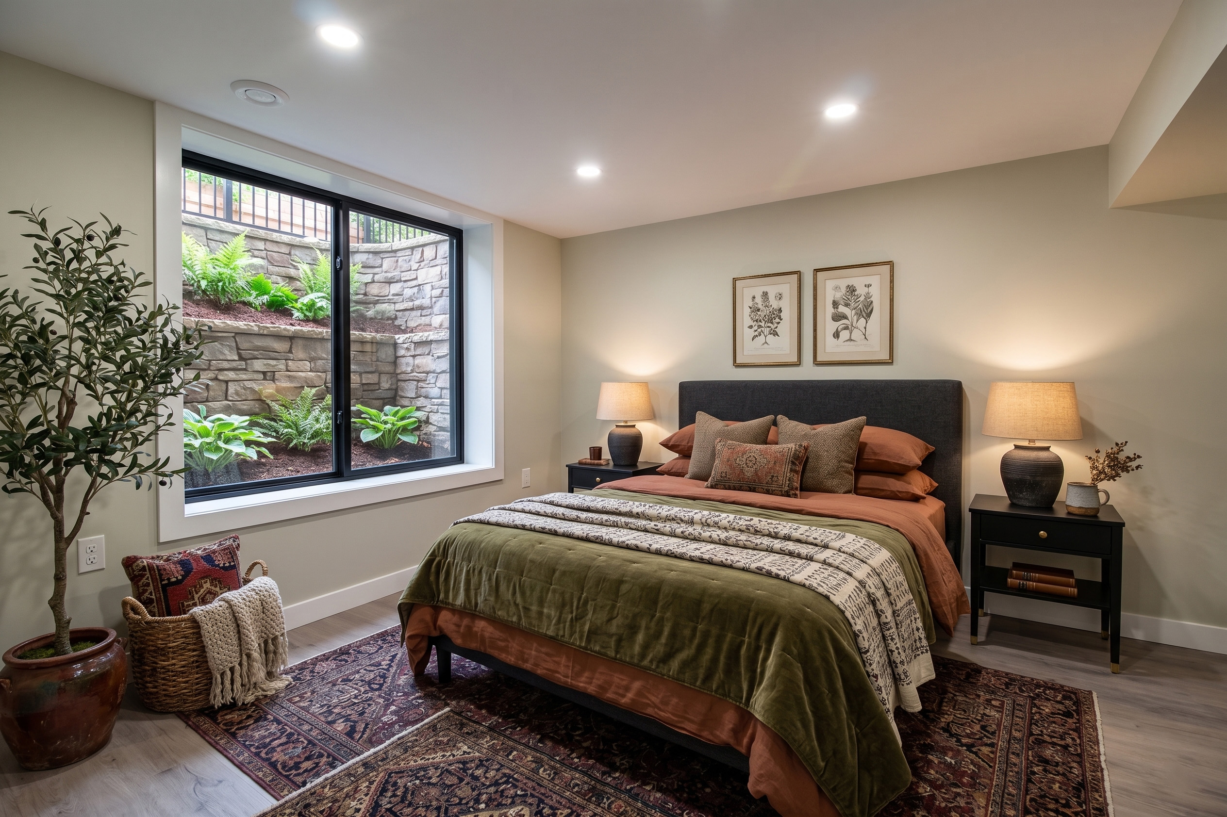 Bright finished basement bedroom with a large egress window