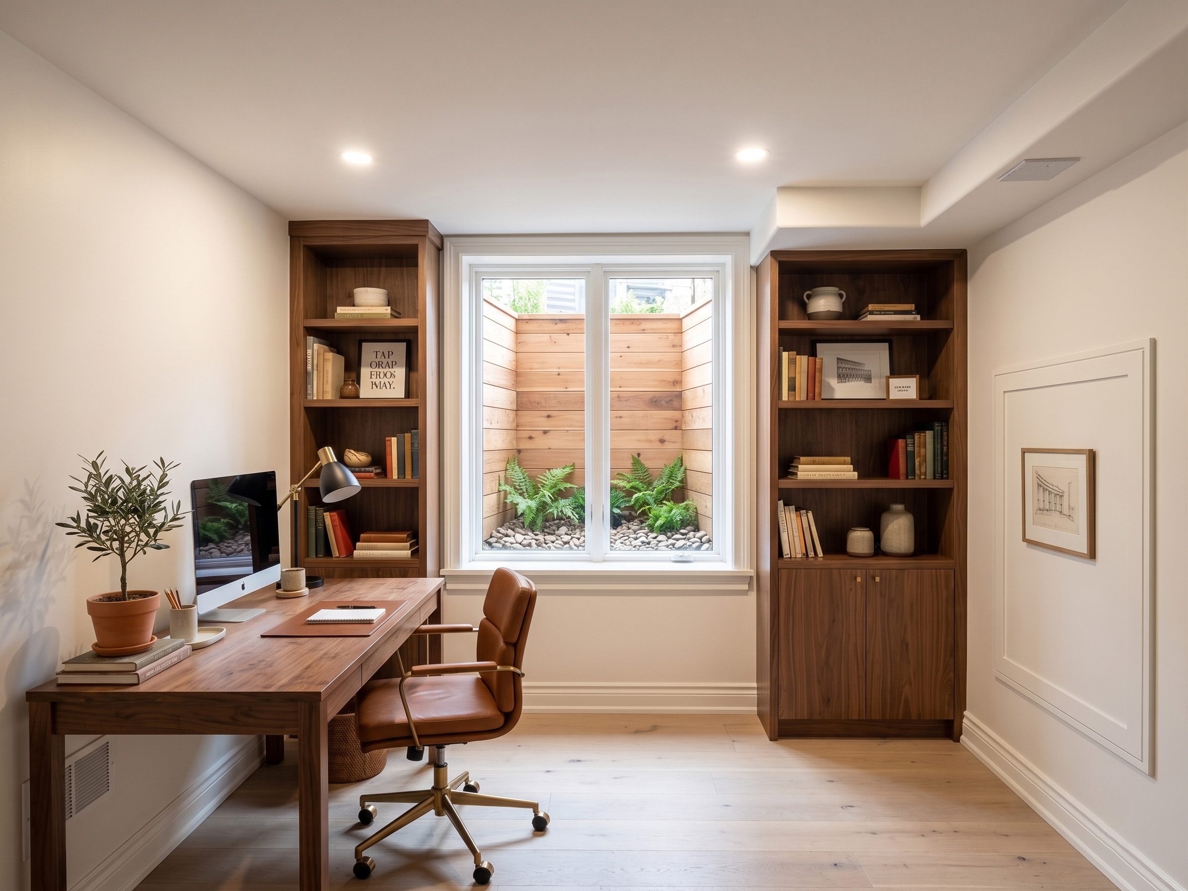 Basement home office with natural light from an egress window