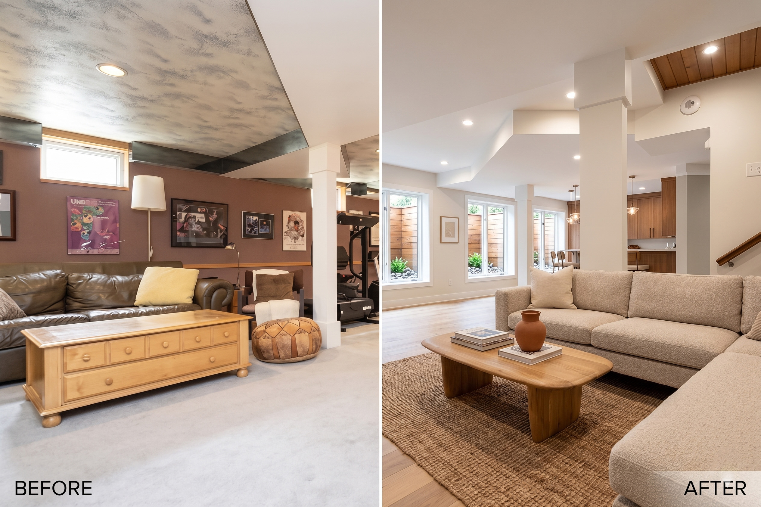 Before and after of a full basement renovation, dark and unfinished versus bright and finished